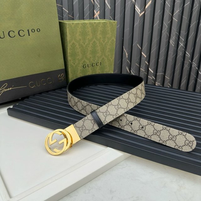 Gucci Beige GG Leather Belt Gold Buckle Unisex Fashion