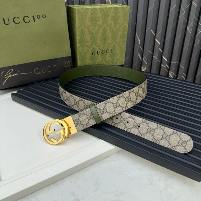 Gucci GG Supreme Beige Green Leather Gold Belt