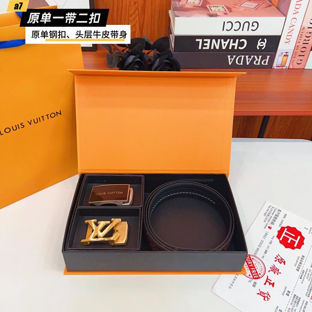 Louis Vuitton Louis Vuitton Men Black Leather Belt Set Gold Buckle - Buy on Mulebuy Sheets