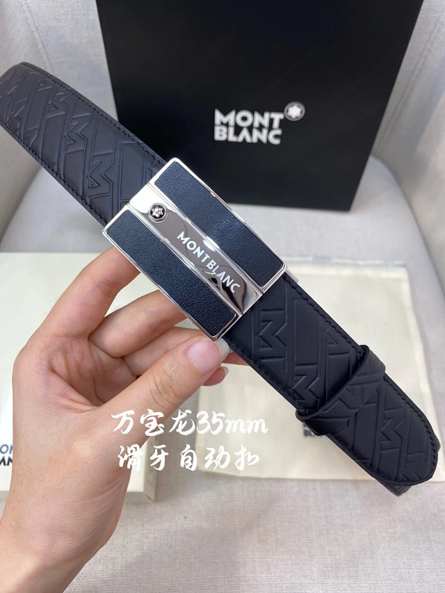 Montblanc Men Black Leather Belt 35mm Silver Buckle