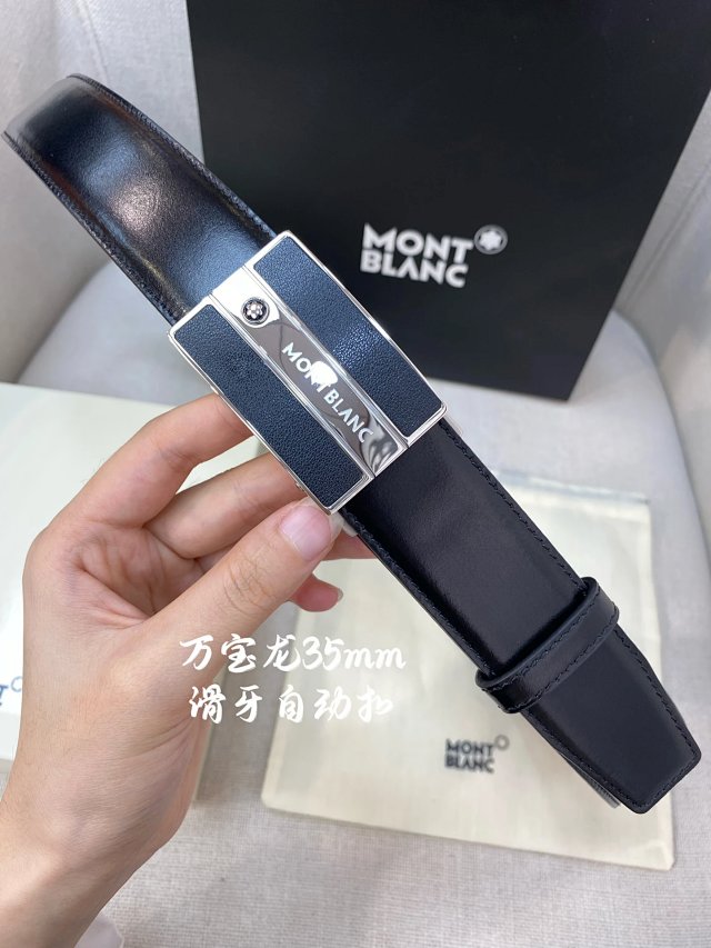 Montblanc Classic Black Leather Belt Silver Automatic Buckle