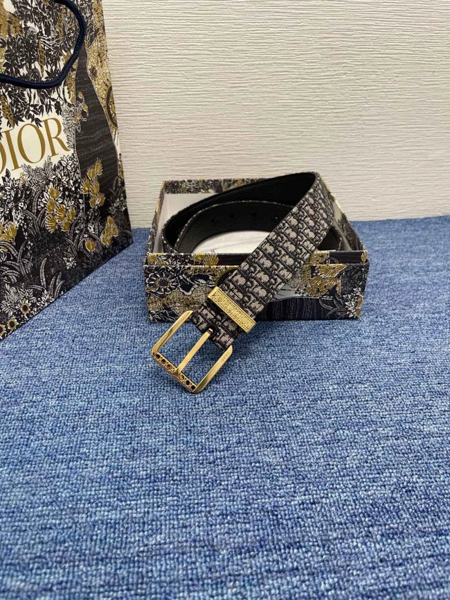 Dior Oblique Gray Black Leather Belt Gold Buckle Unisex