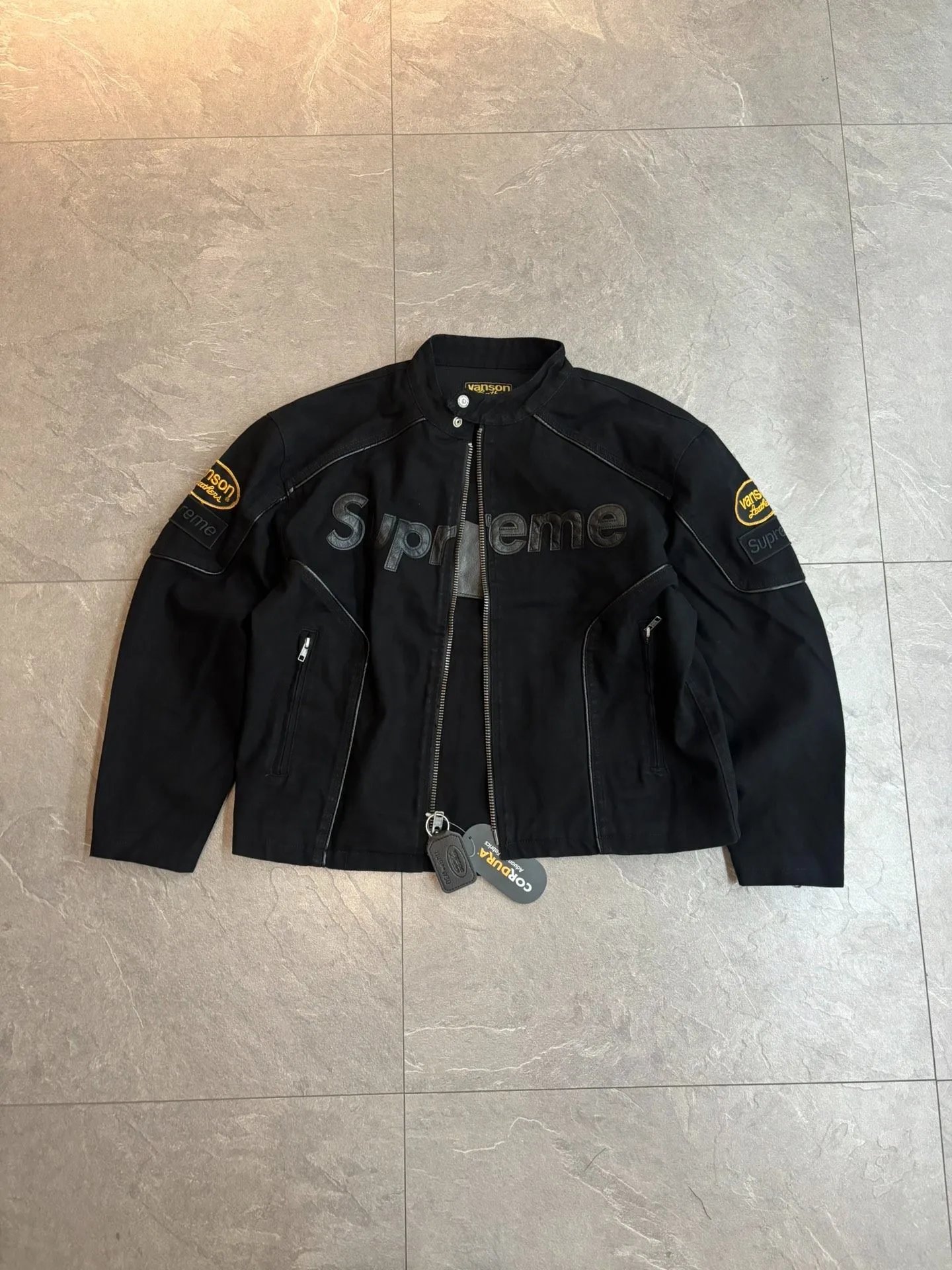 Leather logo decal leather jacket

