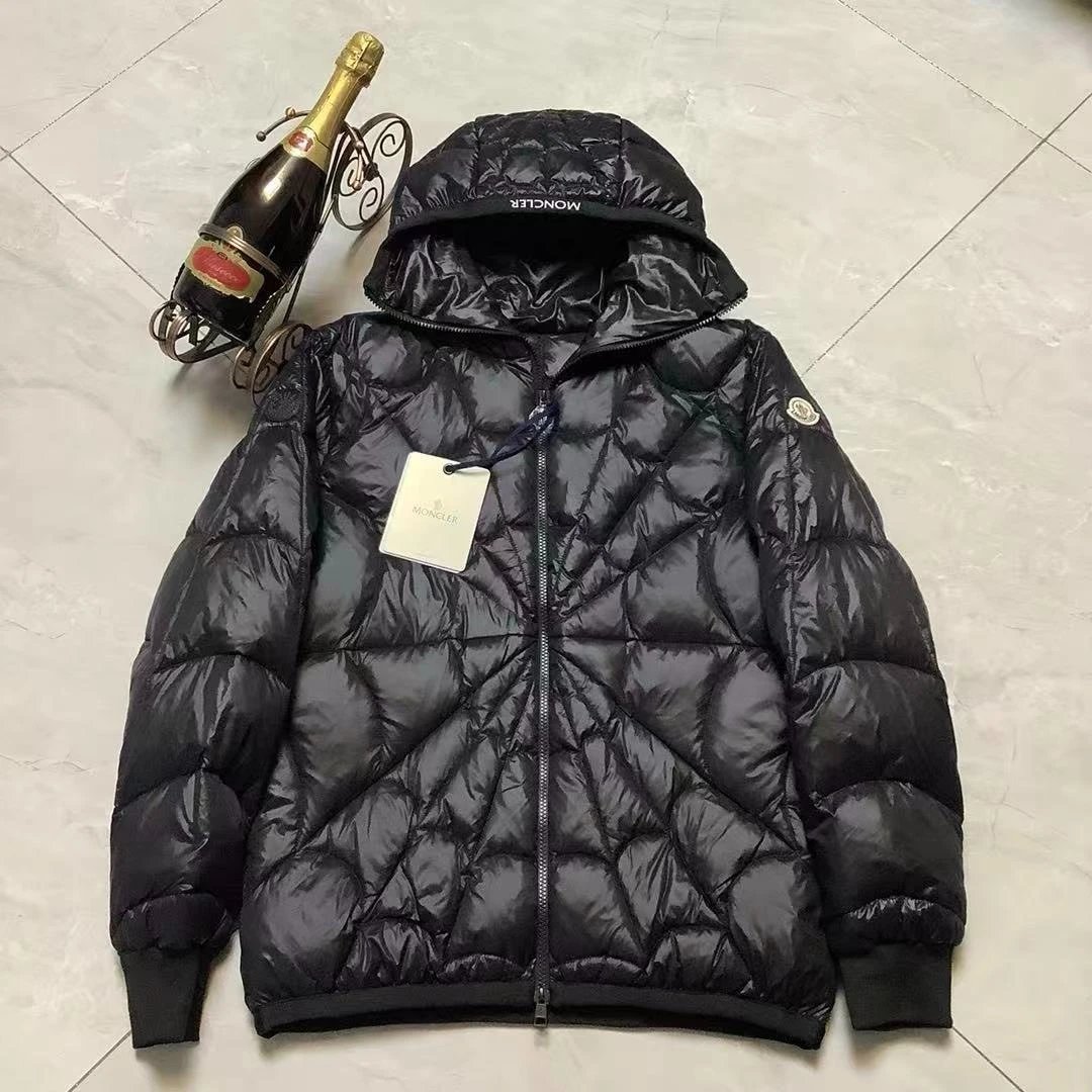 Quilted Hooded Down Jacket with Spiderweb Pattern