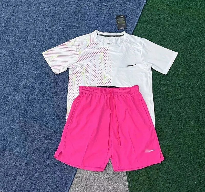 Nike Matching Sets Short-Sleeve Running T-Shirt and Shorts Set — Pink white short sleeve D218 pink