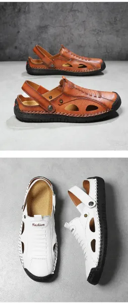 Design White Leather Summer Sandal with Cut-Outs and Adjustable Strap - 35