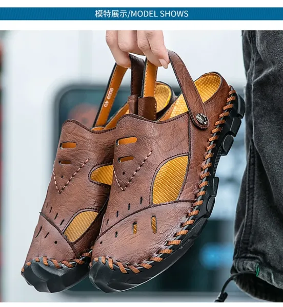 Design Casual Leather Sandals Black with Tan Accents - 12