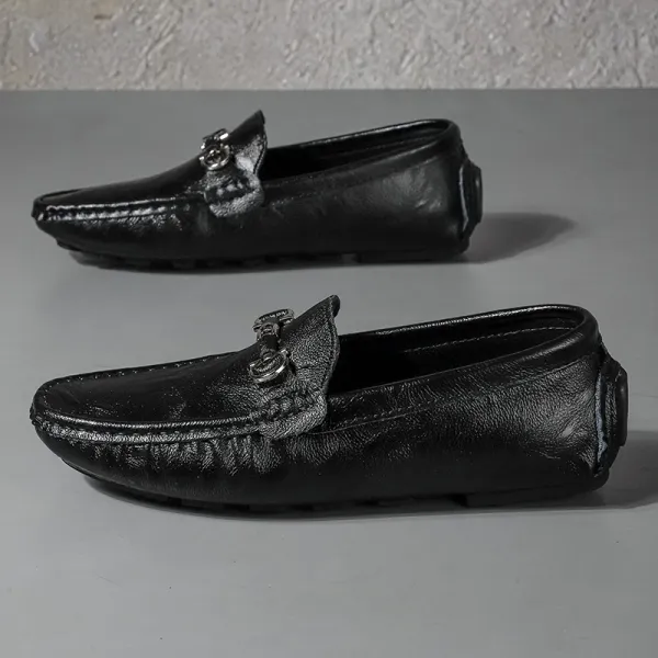 Design Loafer with Metal Horsebit Detail Black Leather Slip-On Shoes - 1