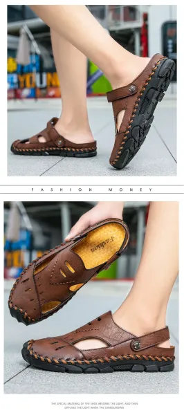 Design Casual Leather Sandals Black with Tan Accents - 16
