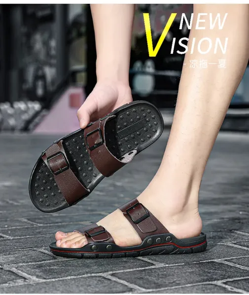 Design Two-Strap Buckle Slide Sandals Brown Black Slippers - 7