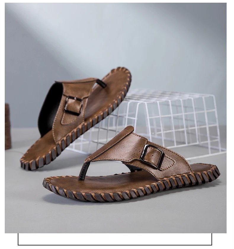 Design Brown Leather Buckle Strap Flip-Flop Sandals Slippers - 14