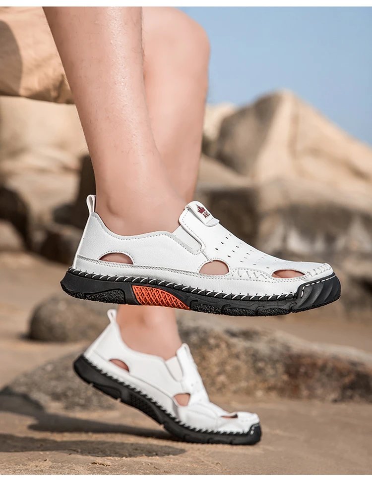 Design White Perforated Slip-On Sandal with Orange Accents Casual Shoes - 32
