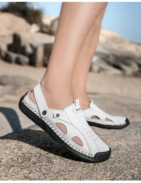 Design White Leather Summer Sandal with Cut-Outs and Adjustable Strap - 24