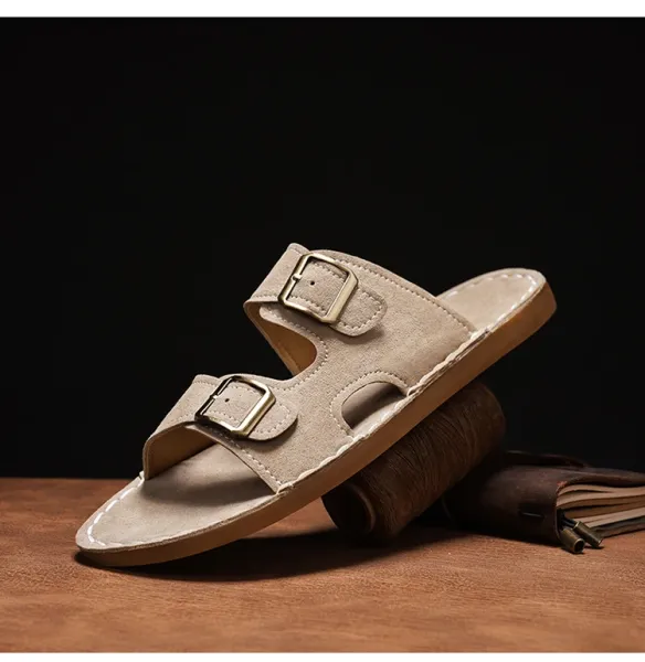 Design Double Strap Suede Sandals Beige Slippers - 14