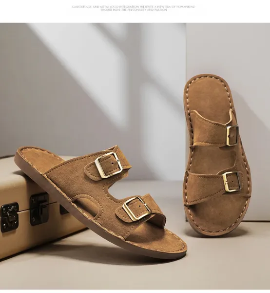 Design Double Strap Suede Sandals Beige Slippers - 15