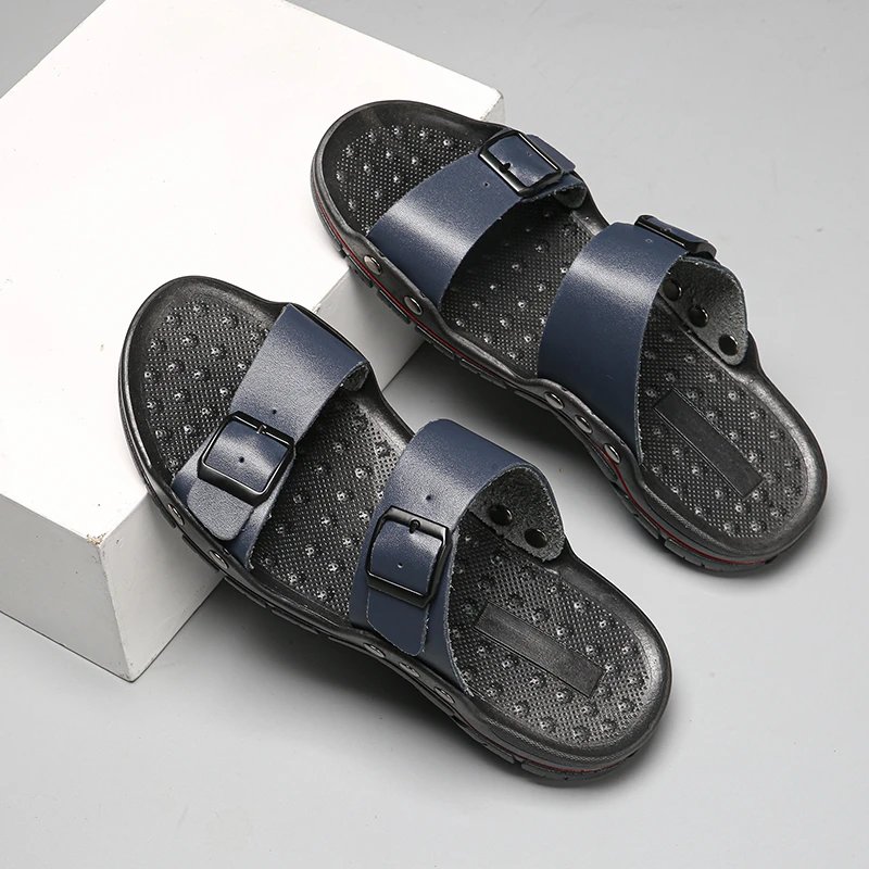 Design Double-Strap Buckle Slide Sandals Navy Blue Slippers - 1