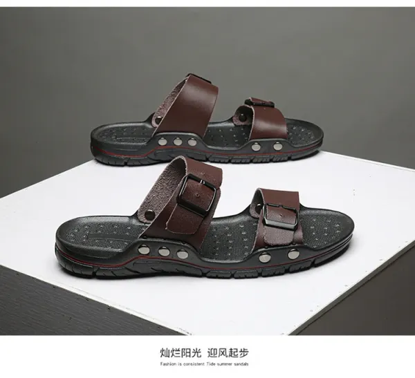 Design Two-Strap Buckle Slide Sandals Brown Black Slippers - 13
