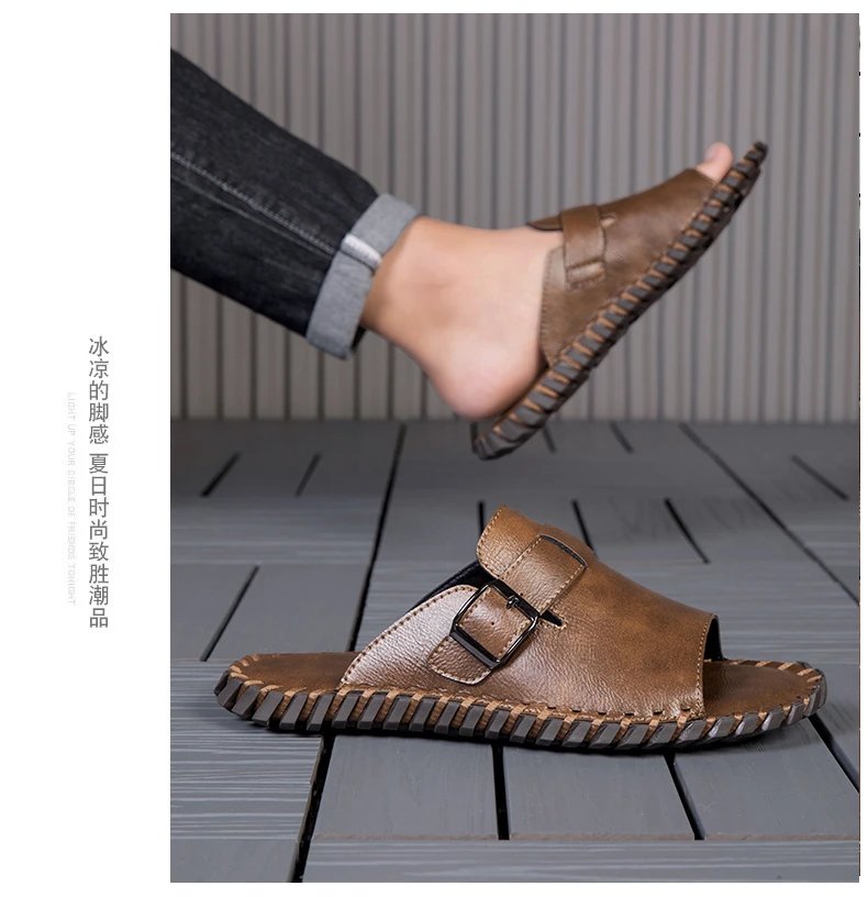 Design Brown Buckle Slide Sandals Slippers - 17