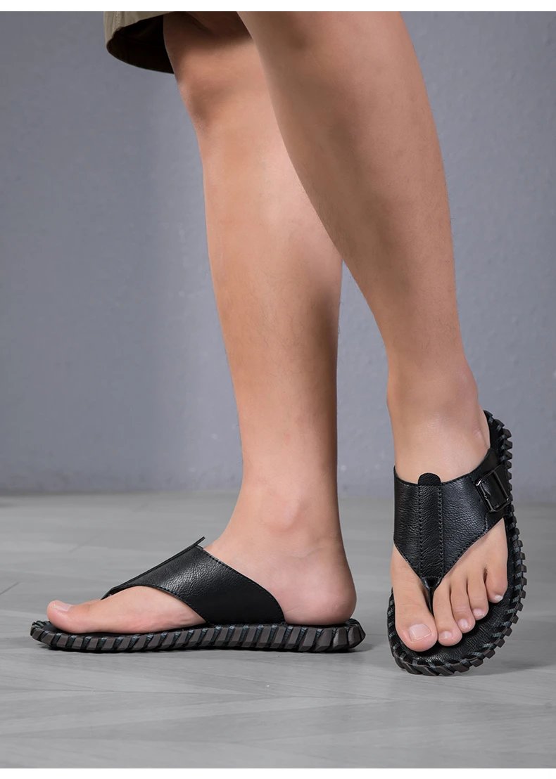 Design Brown Leather Buckle Strap Flip-Flop Sandals Slippers - 15