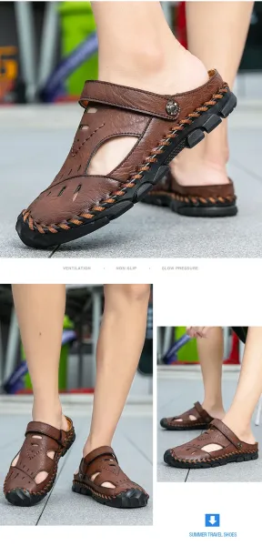 Design Casual Leather Sandals Black with Tan Accents - 14