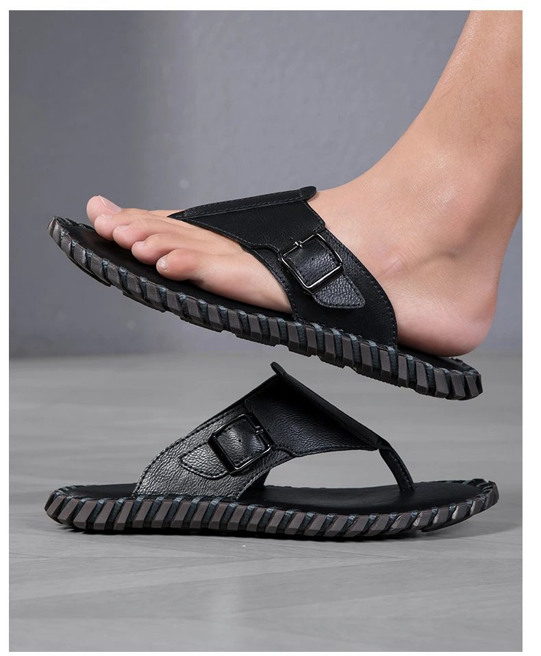 Design Brown Leather Buckle Strap Flip-Flop Sandals Slippers - 17