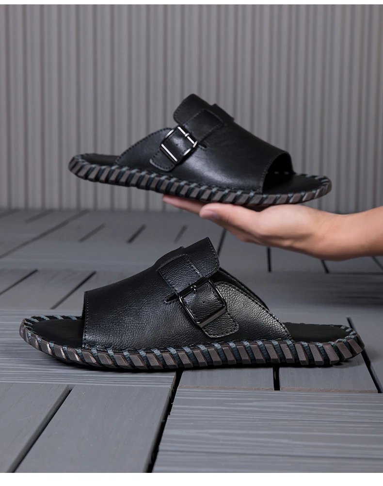 Design Brown Buckle Slide Sandals Slippers - 14