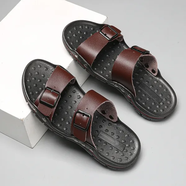 Design Two-Strap Buckle Slide Sandals Brown Black Slippers - 1