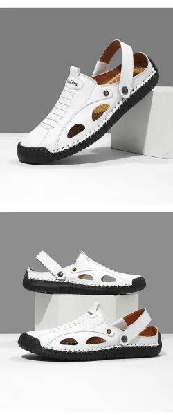 Design White Leather Summer Sandal with Cut-Outs and Adjustable Strap - 36