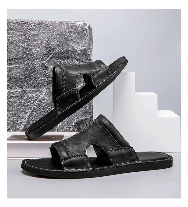 Design Leather Slide Sandal Brown Slippers - 17
