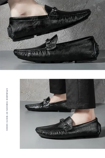 Design Loafer with Metal Horsebit Detail Black Leather Slip-On Shoes - 17