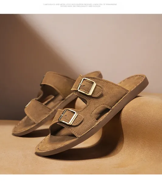 Design Double Strap Suede Sandals Beige Slippers - 16