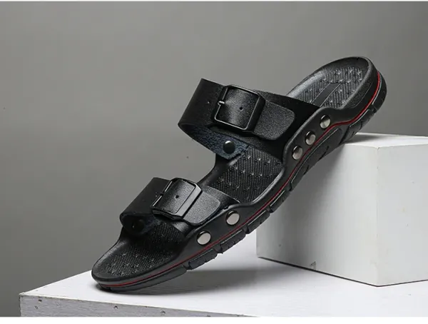 Design Two-Strap Buckle Slide Sandals Brown Black Slippers - 14