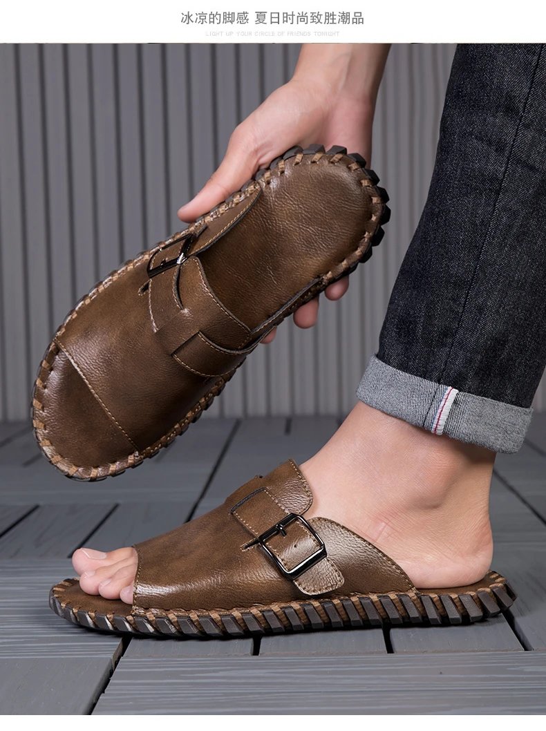Design Brown Buckle Slide Sandals Slippers - 18