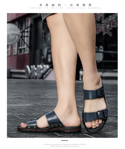Design Two-Strap Buckle Slide Sandals Brown Black Slippers - 19