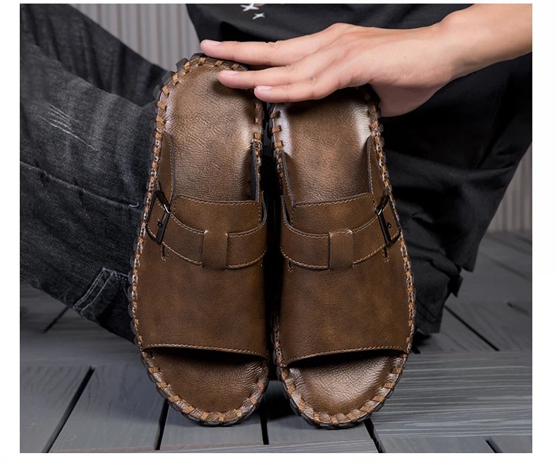 Design Brown Buckle Slide Sandals Slippers - 5