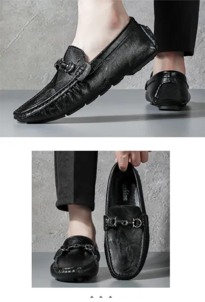 Design Loafer with Metal Horsebit Detail Black Leather Slip-On Shoes - 18