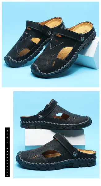 Design Casual Leather Sandals Black with Tan Accents - 23