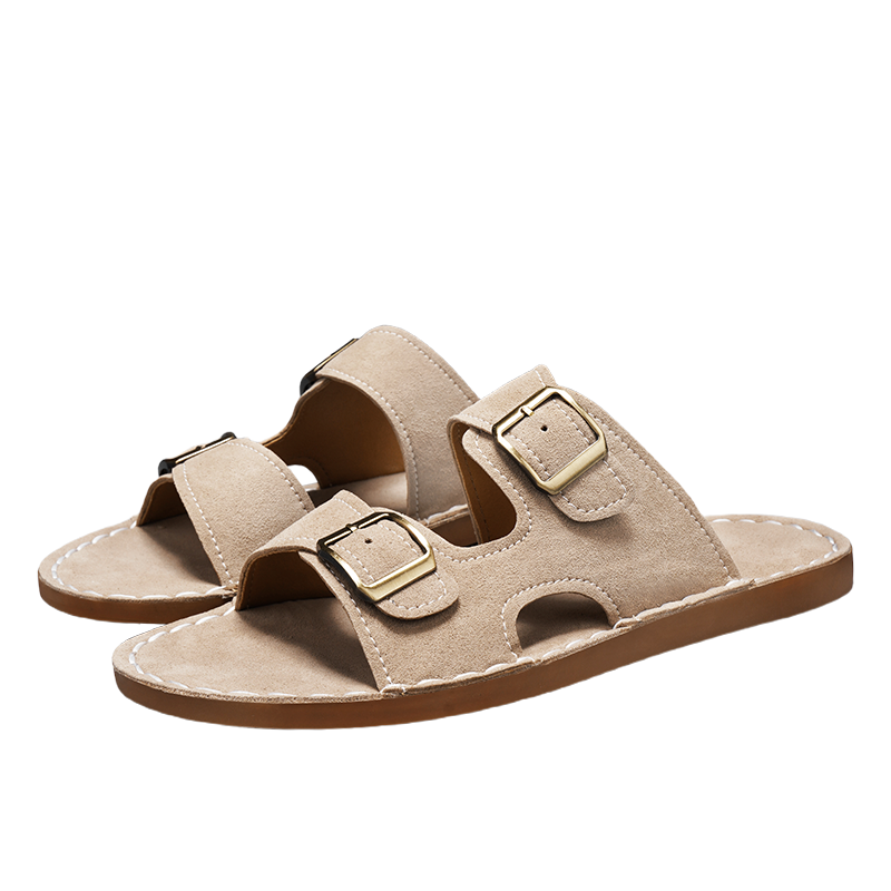 Double Strap Suede Brown Slide Sandals Slippers