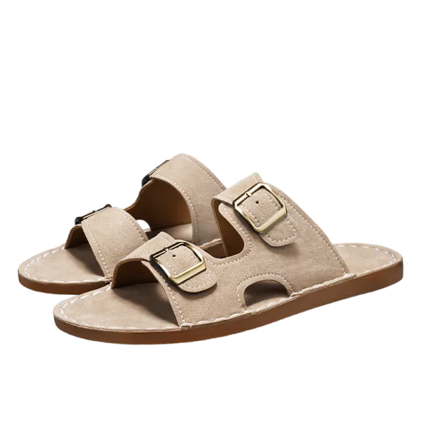 Design Double Strap Suede Sandals Beige Slippers - 1