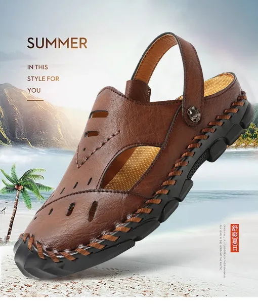 Design Casual Leather Sandals Black with Tan Accents - 2