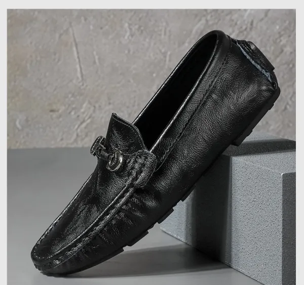 Design Loafer with Metal Horsebit Detail Black Leather Slip-On Shoes - 23