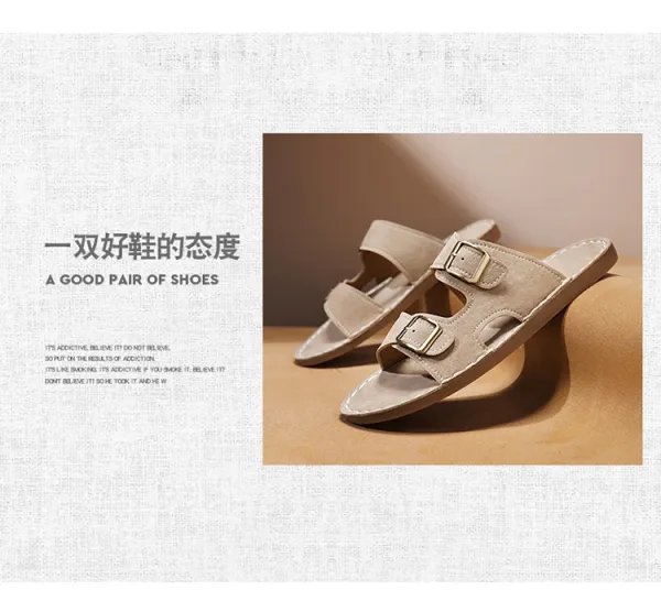 Design Double Strap Suede Sandals Beige Slippers - 3