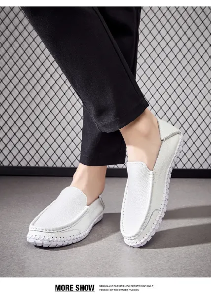 Design White Pebbled Leather Loafers with Stitched Sole - 24