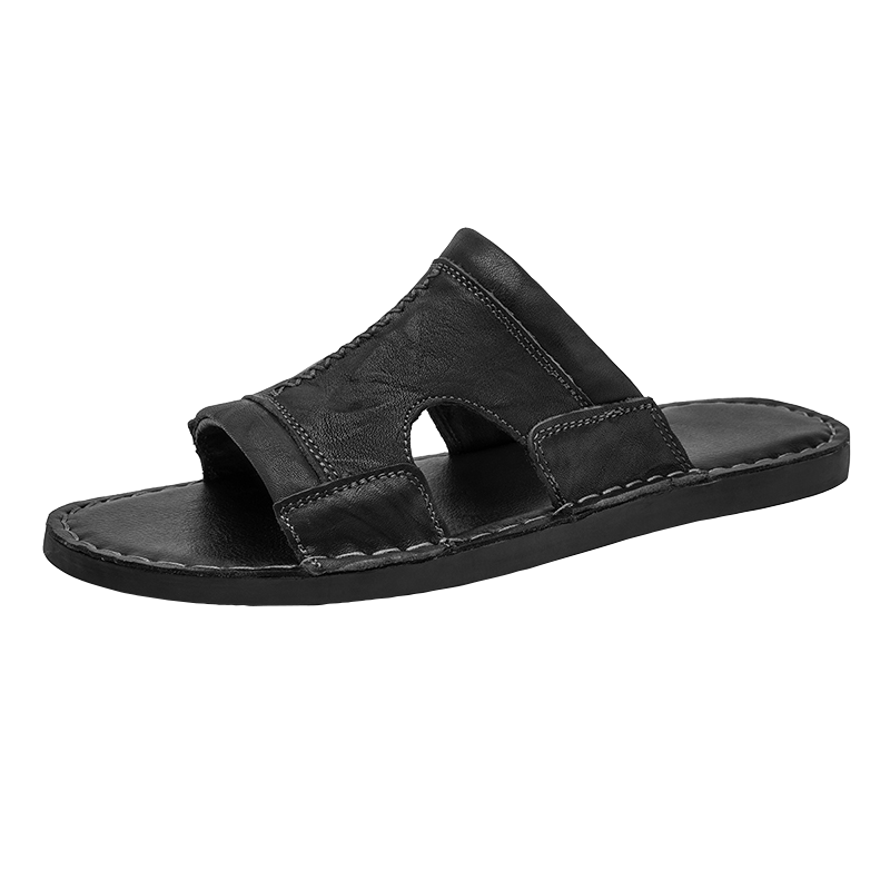 Design Leather Slide Sandal Black Slippers - 1