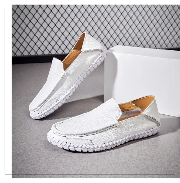 Design White Pebbled Leather Loafers with Stitched Sole - 26