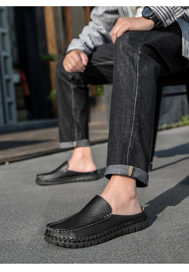 Design Leather Moccasin Slip-On Black Loafers - 12