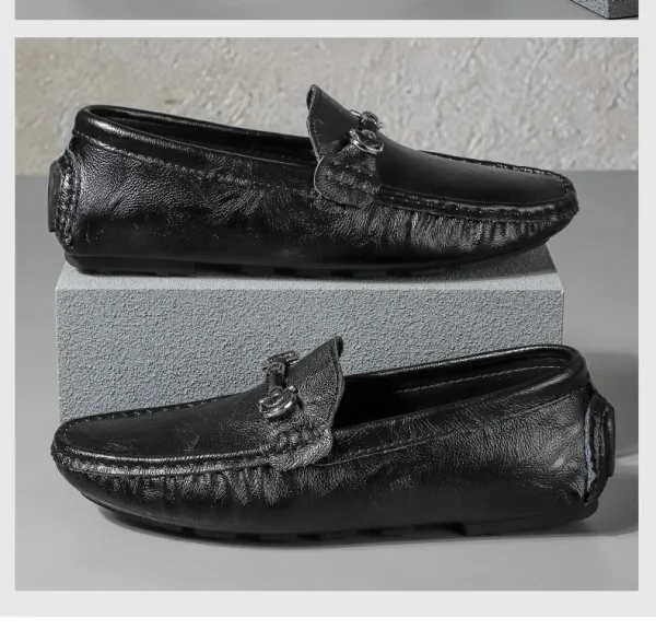 Design Loafer with Metal Horsebit Detail Black Leather Slip-On Shoes - 24