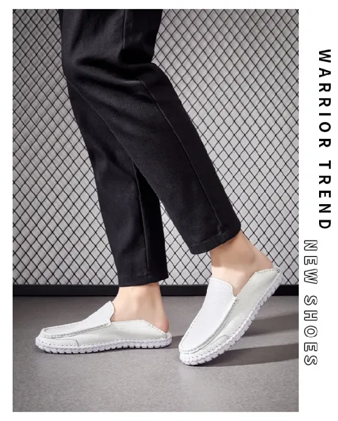 Design White Pebbled Leather Loafers with Stitched Sole - 25