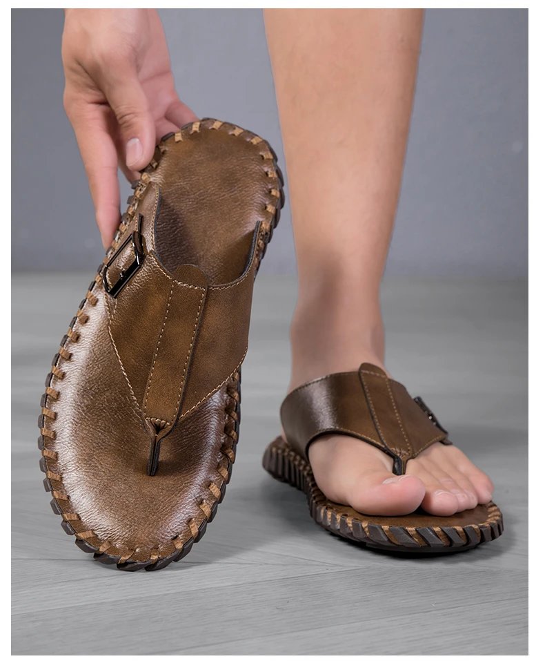Design Brown Leather Buckle Strap Flip-Flop Sandals Slippers - 13