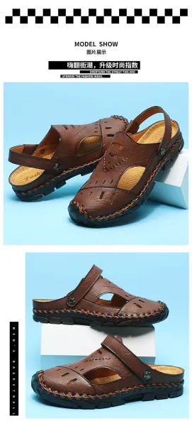 Design Casual Leather Sandals Black with Tan Accents - 22